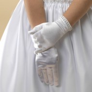 White satin First Holy Communion gloves with a silver sparkly diamante trim