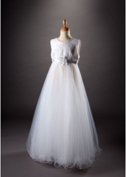 Full length Empire Line with sleeveless, Round neck Communion dress with decorative bodice and Puffball net skirt with wired hem. Flower detail on waist band. : 