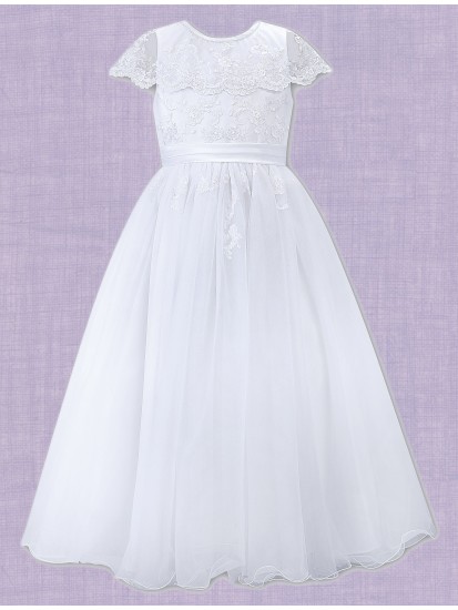 White Ankle length with round neck sleeveless Communion Dress:...