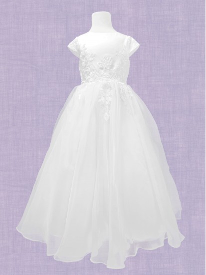 Holy Communion Dress with round neck and capped sleeve with enbriodery alon...