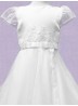 Beautiful White Satin Round Neck Bodice with Net sleeves and flaired net sk...