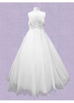 Sleeveless white satin/tulle Communion dress with Embroidery on bodice and flaired skirt: 