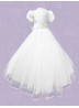 Short Puffed sleeved Mikado and Tulle Dress with satin bodice and broad wai...