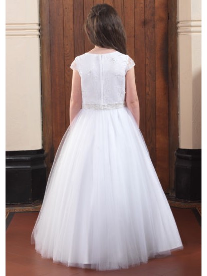 Full Skirt First Communion Gown with Short Lace Sleeves:...