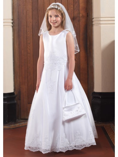 Sleeveless Satin First Communion Dress with Lace Hem and Waist :...