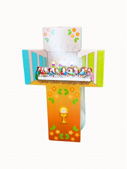 Hanging Wooden Cross with illustration of the Last Supper: Lovely First Com...