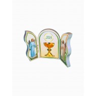 A folding Triptych wooded plaque: Will make a lovely gift for First Holy Communion