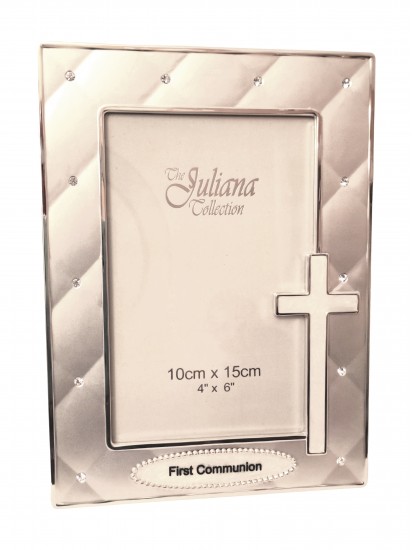 Studded Silver Photoframe which takes 6 x 4 photograph with a Pearl Cross...